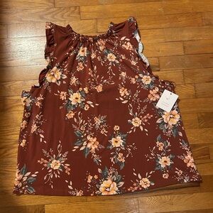LC Lauren Conrad Floral Ruffle Sleeve Blouse - Burgundy Brown XXL
